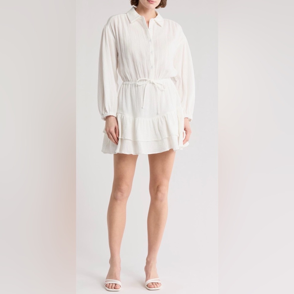 🌿 Lush White Long Sleeve Tiered Mini Dress – Size XL